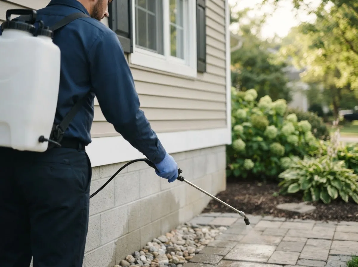 Pest control technician inspecting a home in Iroquois, IL